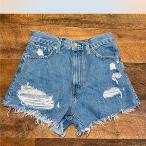 High-Rise Distressed Denim Shorts - Blue